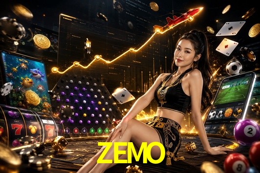 Una escena digital vívida inspirada en casino con ZEMO mostrado prominentemente, luces brillantes, fichas, cartas y acentos dorados.