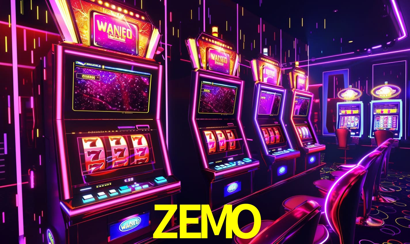 Escena dinámica inspirada en casino con iluminación ZEMO, cartas, fichas e íconos de juegos digitales en un espacio moderno de juegos.