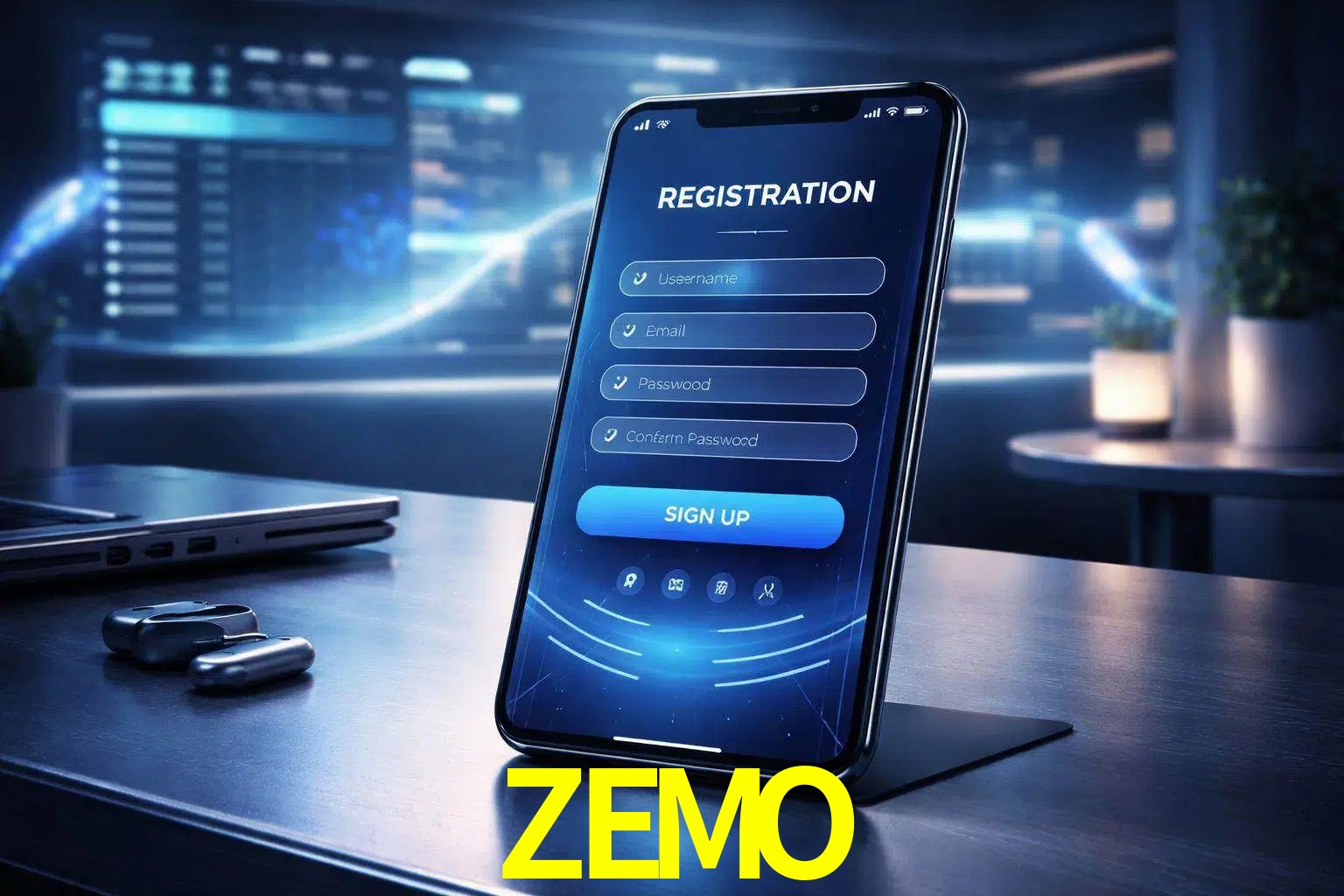 Una interfaz moderna de registro móvil para ZEMO mostrada en un smartphone con un panel de apuestas elegante.